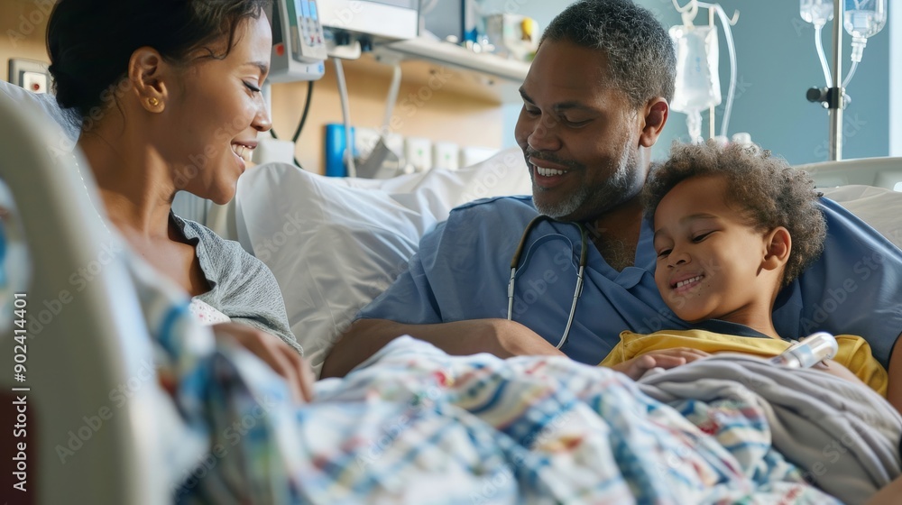 Parents watching over their child resting in a hospital bed with a gentle touch Parents watching over their child resting in a hospital bed with a gentle touch