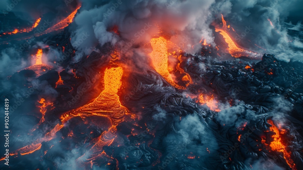 Molten Fury: Captivating Image of Intensely Hot Lava Flow with Steam and Gas Emissions in Natural Light Molten Fury: Captivating Image of Intensely Hot Lava Flow with Steam and Gas Emissions in Natural Light