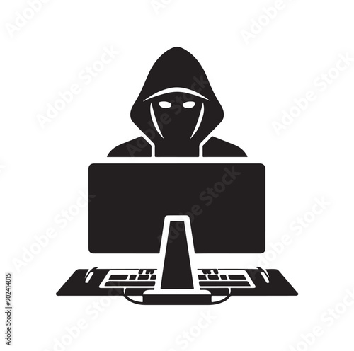 Hacker Silhouette at Computer with Cybersecurity and Data Protection Icons
