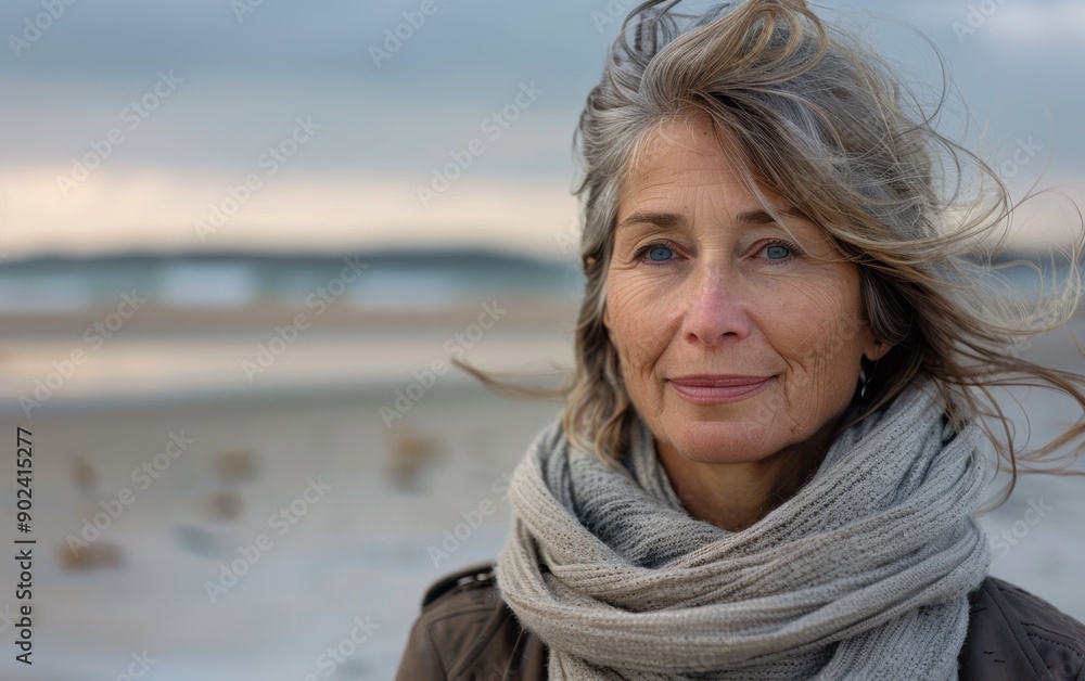 A pleased woman stands at the beach, her hair gently blowing in the wind as she enjoys the coastal atmosphere A pleased woman stands at the beach, her hair gently blowing in the wind as she enjoys the coastal atmosphere
