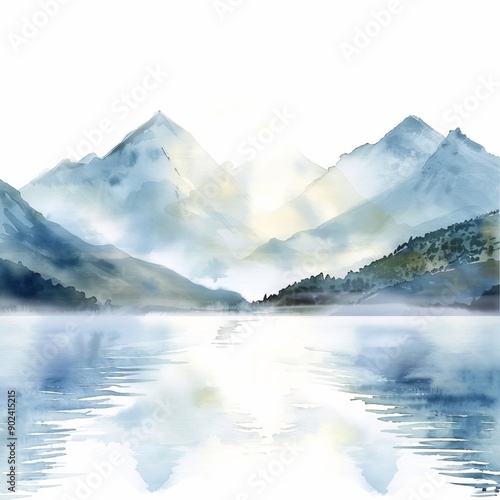 Watercolor painting of a serene lake with misty mountains in the background, on isolated white background, Generative AI 