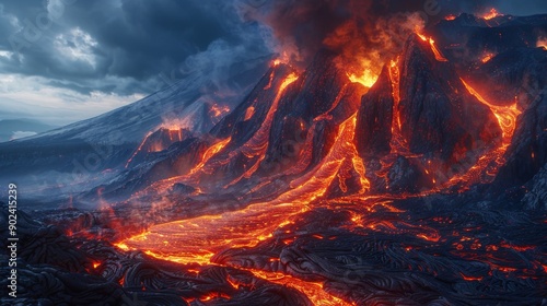 Fiery Fury: Spectacular View of an Erupting Volcano with Molten Lava Cascading Down Amidst a Dark, Smoky Sky in Natural Light