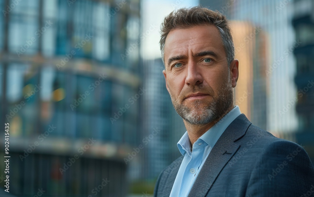 Fototapeta premium A light unshaven older man dressed in a casual business outfit stands confidently against a modern urban backdrop on a bright day