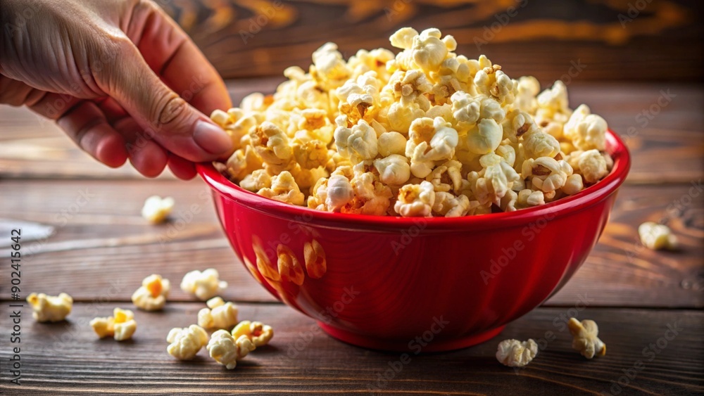 A hand reaching into a vibrant red bowl filled with buttery popcorn, captured with shallow depth of field. A hand reaching into a vibrant red bowl filled with buttery popcorn, captured with shallow depth of field.