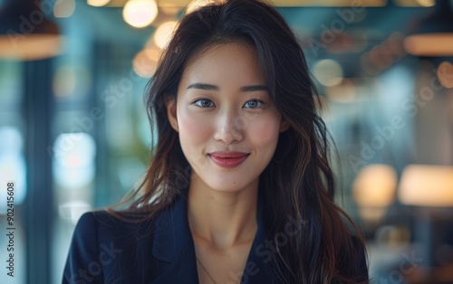Free Download A confident Asian businesswoman smiles warmly while standing in a contemporary office filled with natural light - GFXLoad