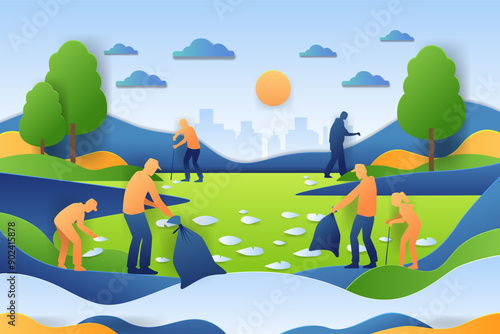People cleaning park environment teamwork nature conservation colorful landscape trees hills clouds city skyline paper cut style