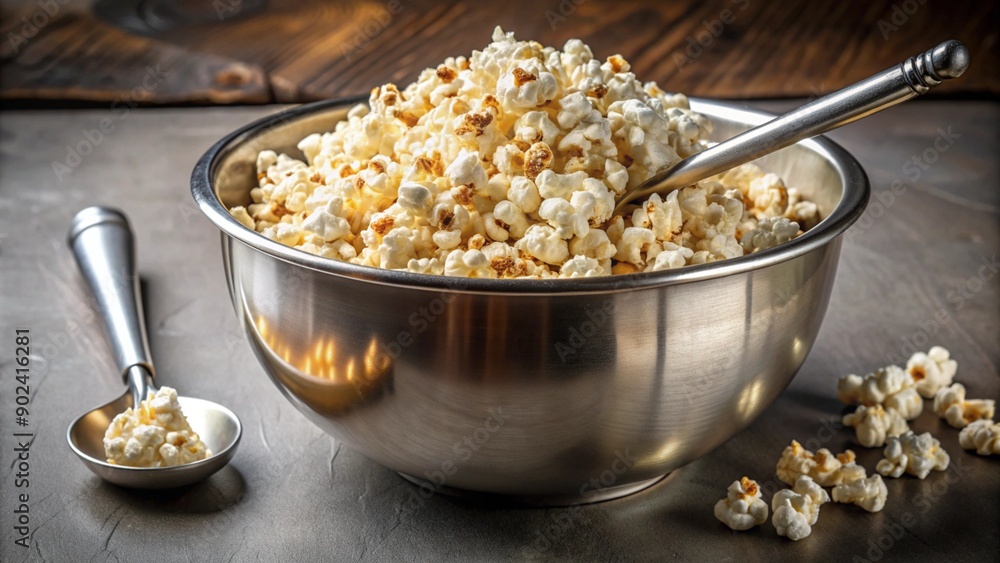 Golden, freshly popped popcorn in a large stainless steel mixing bowl, with a serving spoon resting inside. Golden, freshly popped popcorn in a large stainless steel mixing bowl, with a serving spoon resting inside.