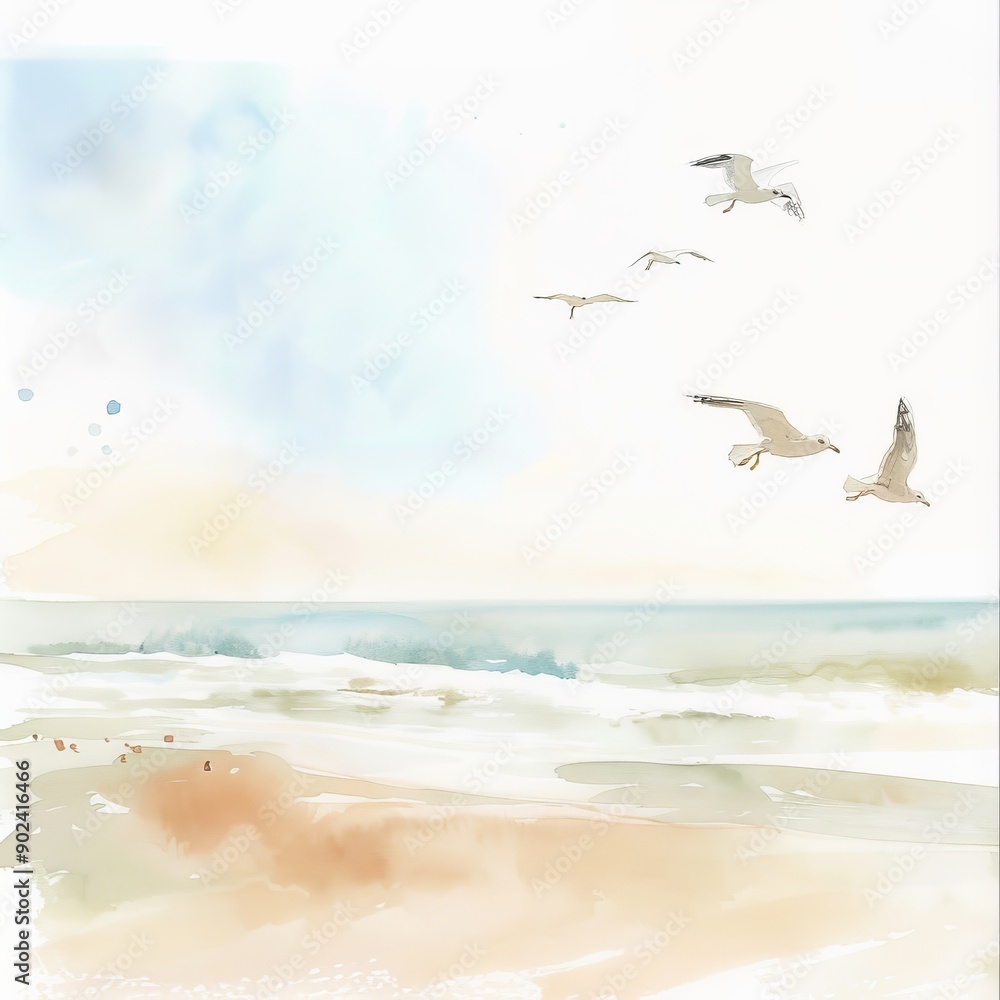 Fototapeta premium Watercolor painting of a tranquil beach scene with blurred seagulls flying overhead, on isolated white background, Generative AI