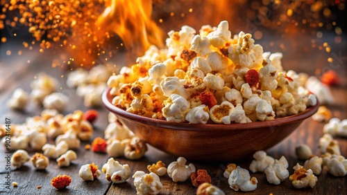 Popcorn being seasoned with a sprinkle of paprika, with the spice cloud creating a vibrant visual effect.