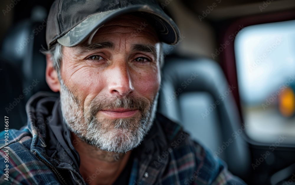 A middle-aged truck driver smiles while posing confidently inside his vehicle, showcasing a relaxed demeanor amidst a cloudy backdrop A middle-aged truck driver smiles while posing confidently inside his vehicle, showcasing a relaxed demeanor amidst a cloudy backdrop