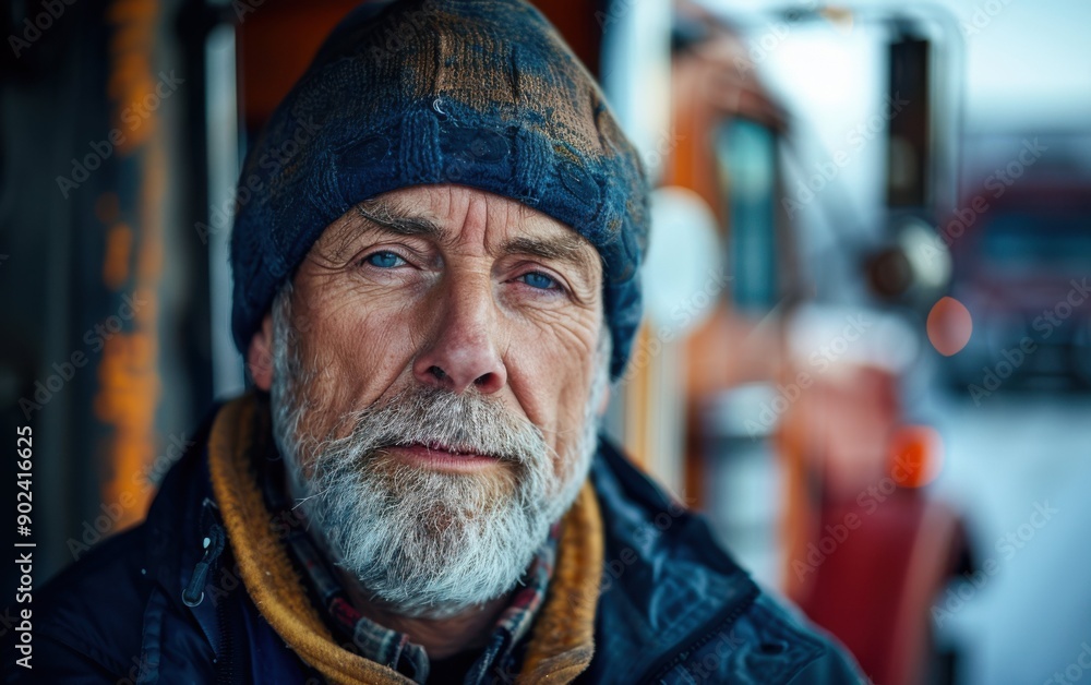 A middle-aged truck driver, bundled in warm clothing, poses with a contemplative expression at a truck stop during the cold winter season A middle-aged truck driver, bundled in warm clothing, poses with a contemplative expression at a truck stop during the cold winter season