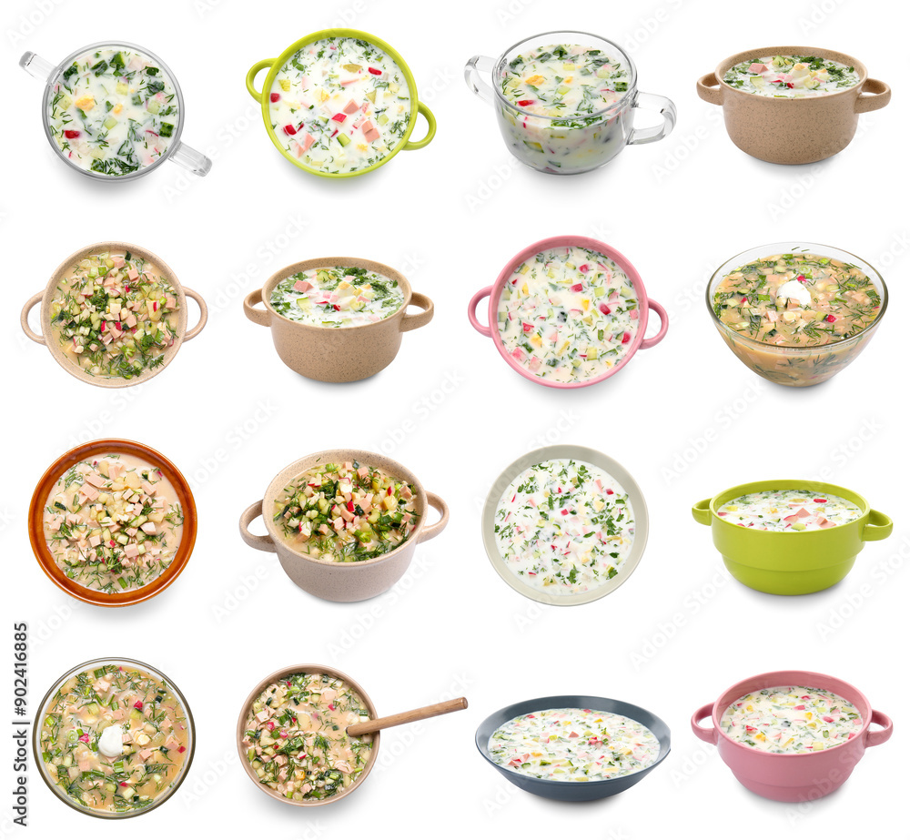 Set of tasty okroshka soup isolated on white Set of tasty okroshka soup isolated on white