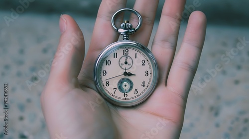 Hand Holding a Stopwatch: A hand holding a stopwatch, ready to start timing an event. 