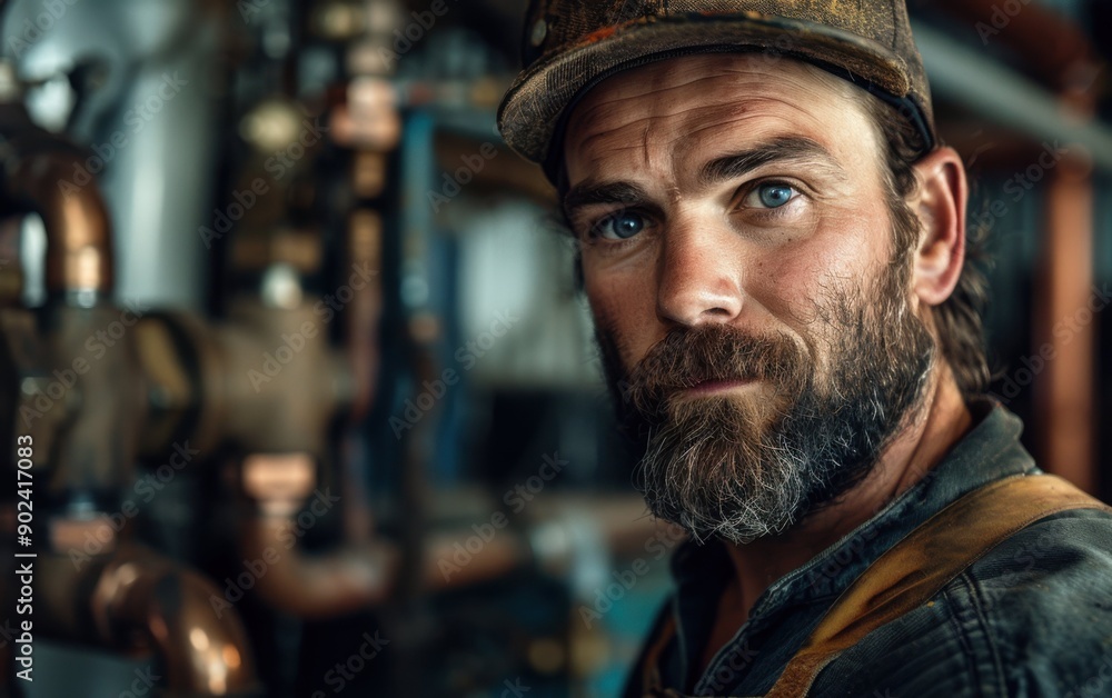 A skilled plumber with a beard wearing a cap stands confidently in a workshop surrounded by pipes and plumbing tools A skilled plumber with a beard wearing a cap stands confidently in a workshop surrounded by pipes and plumbing tools