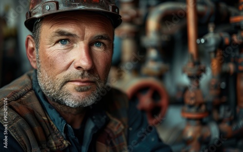 A skilled plumber focuses intently on fixing pipes in a busy industrial setting, showcasing his expertise and dedication to his craft