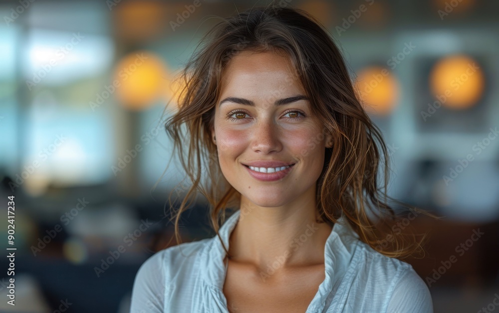 A cheerful businesswoman stands confidently in a contemporary office, showcasing her professional demeanor and positive attitude A cheerful businesswoman stands confidently in a contemporary office, showcasing her professional demeanor and positive attitude