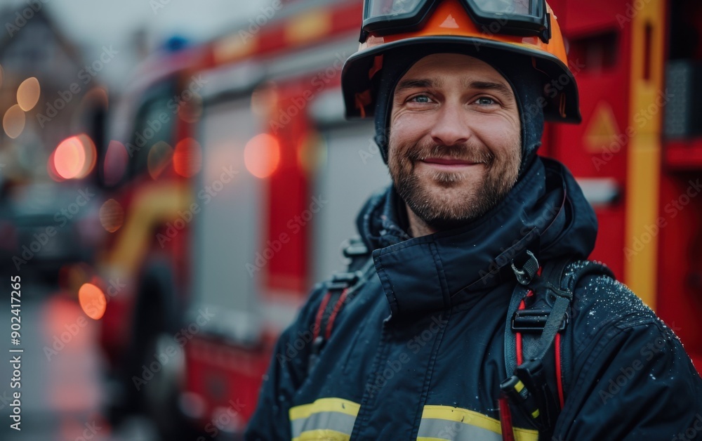 A firefighter stands proudly, smiling near a brightly colored fire truck during a rainy day A firefighter stands proudly, smiling near a brightly colored fire truck during a rainy day