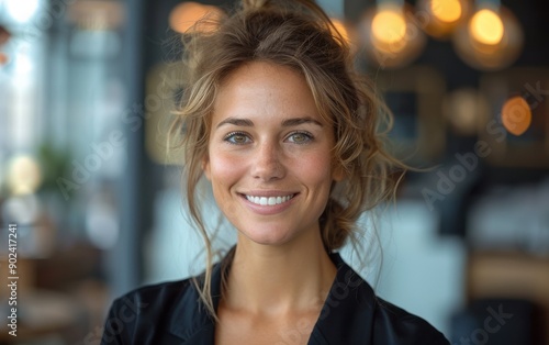 A cheerful businesswoman stands confidently, showcasing her smile in a stylish office setting with warm lighting