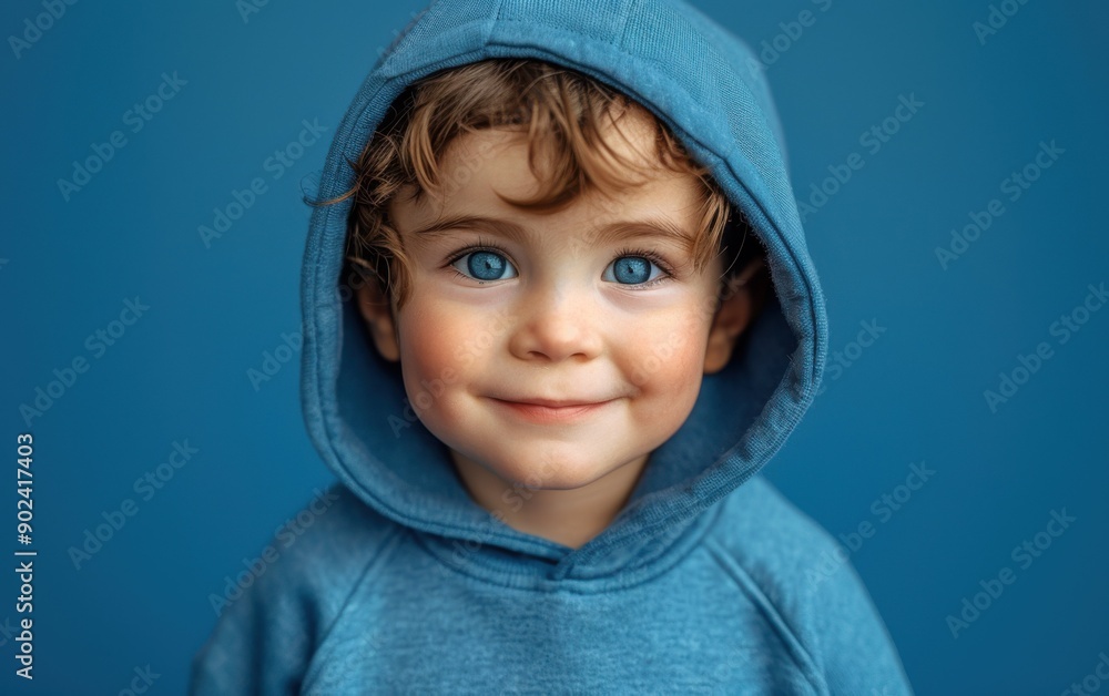 A cheerful little boy in a cozy blue hoodie joyfully smiles, showcasing his bright blue eyes and curly hair A cheerful little boy in a cozy blue hoodie joyfully smiles, showcasing his bright blue eyes and curly hair