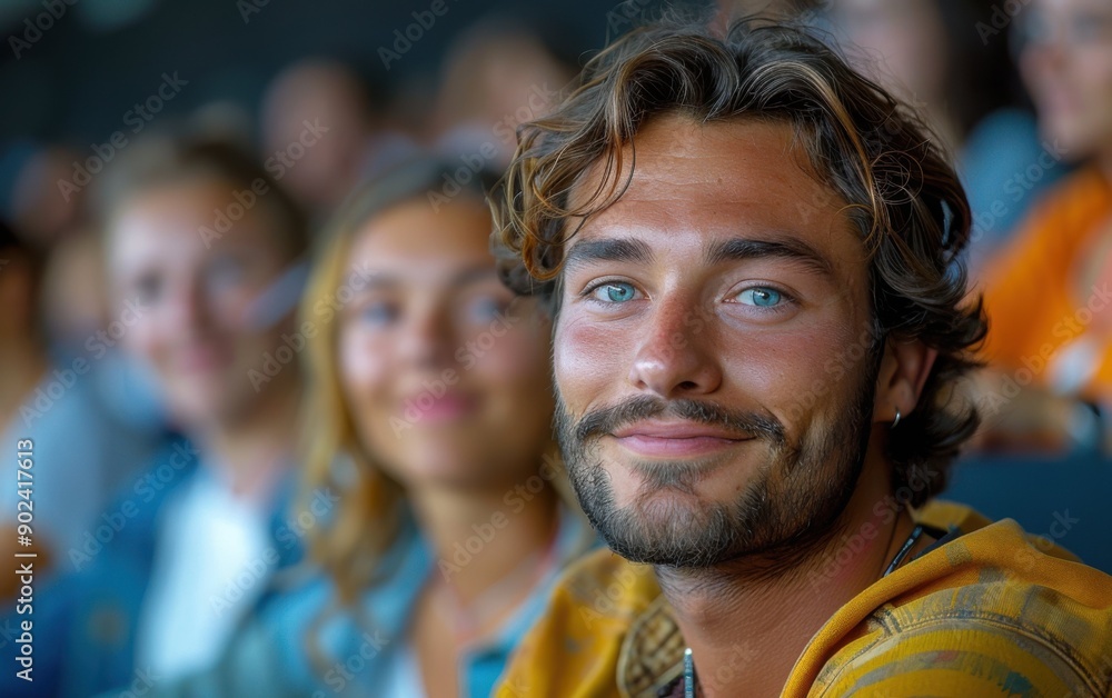 Fototapeta premium A cheerful man sits in the audience, sharing smiles with nearby attendees during an engaging event filled with excitement