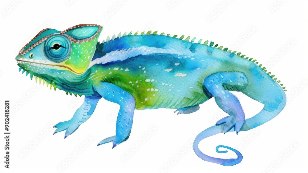 Fototapeta premium Vivid watercolor illustration of a chameleon lizard showcasing its vibrant colors and intricate details in a handdrawn style.