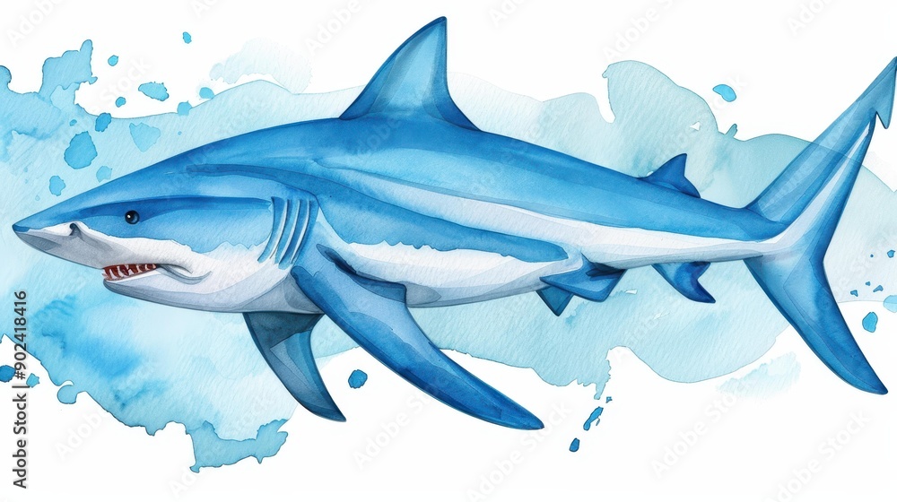 Naklejka premium A vibrant bull shark illustration in watercolor showcases the beauty of marine life, perfect for ocean enthusiasts and decor.