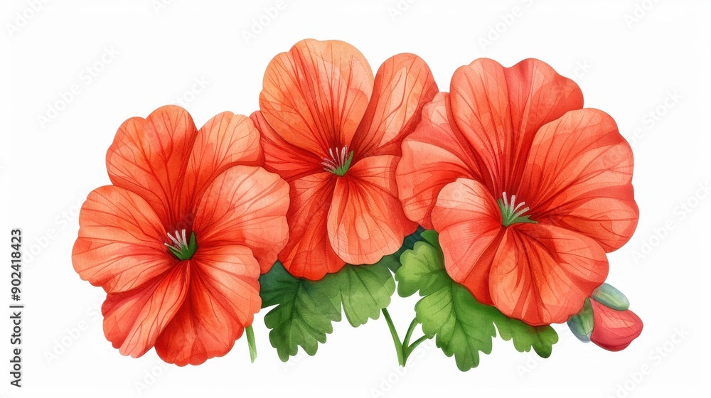 A vibrant watercolor illustration showcasing geranium flowers, captured in a delicate handdrawn style against a clean white backdrop. A vibrant watercolor illustration showcasing geranium flowers, captured in a delicate handdrawn style against a clean white backdrop.