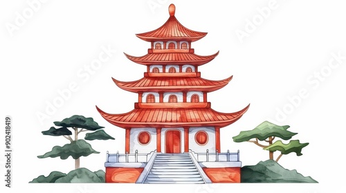 Wallpaper Mural Delicate watercolor of a Chinese pagoda, evoking tranquility and harmony. A serene portrayal of Taoist or Buddhist architecture. Torontodigital.ca