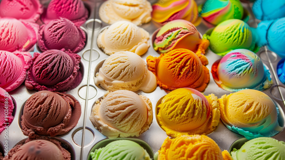 Colorful background with a variety of delicious ice cream flavors , ice cream, dessert, sweet, tasty, treat, colorful. Closeup of various colorful ice cream scoops. Colorful background with a variety of delicious ice cream flavors , ice cream, dessert, sweet, tasty, treat, colorful. Closeup of various colorful ice cream scoops.