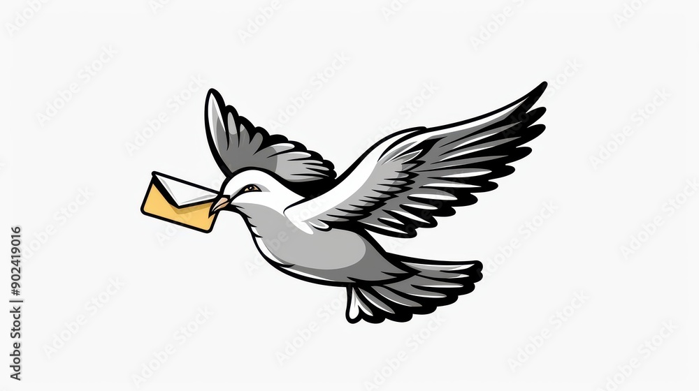 Fototapeta premium A postal dove carries a letter in a detailed engraving style, set against a clean, simple background for a timeless feel.