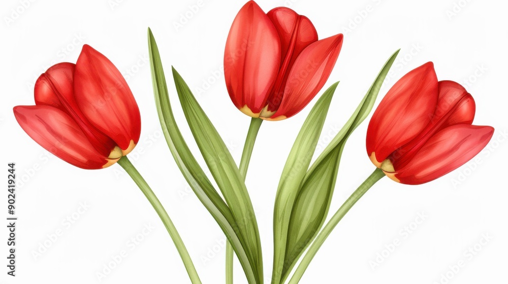 Vibrant red tulips in watercolor create a fresh and lively arrangement, perfect for brightening any space or decor. Vibrant red tulips in watercolor create a fresh and lively arrangement, perfect for brightening any space or decor.