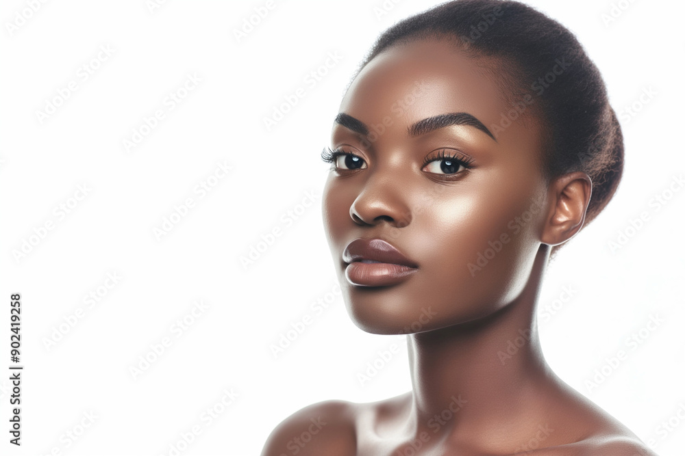 Close-Up Portrait of a Young Black Woman with Beautiful Skin: Facial Treatment, Cosmetology, Skin Care, and Spa Concept, Isolated on White Background Close-Up Portrait of a Young Black Woman with Beautiful Skin: Facial Treatment, Cosmetology, Skin Care, and Spa Concept, Isolated on White Background