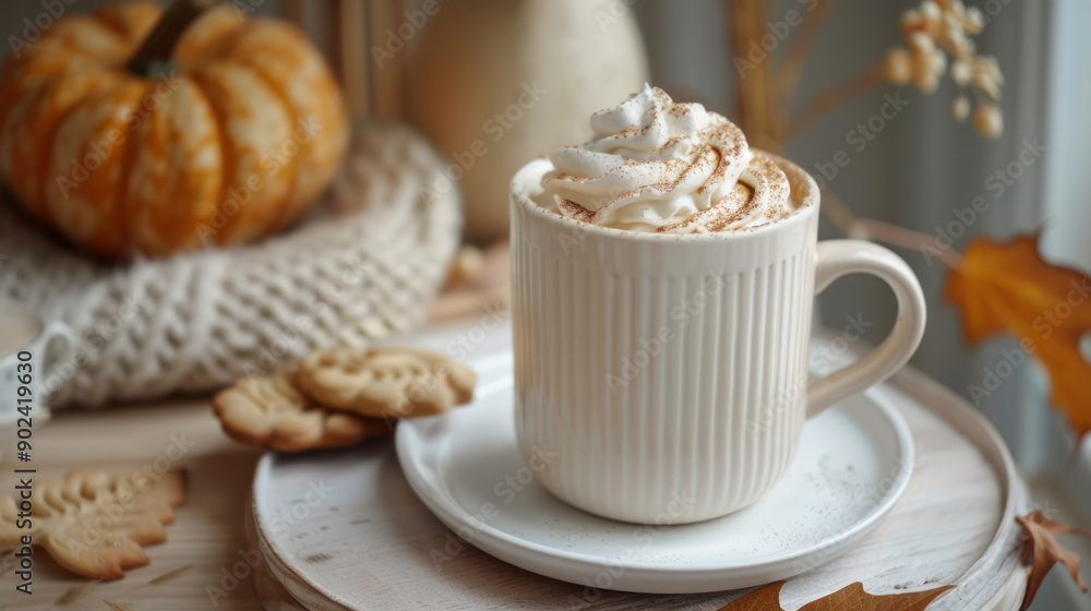 Elegant pumpkin spice latte topped with whipped cream and autumn decor Elegant pumpkin spice latte topped with whipped cream and autumn decor