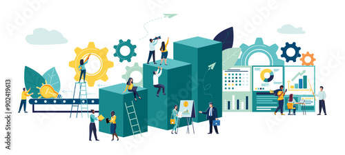 Vector business illustration. People, leadership qualities in teamwork, direction on a successful path. Overcoming obstacles, high level of work, the team is happy for the winner, production, conveyor