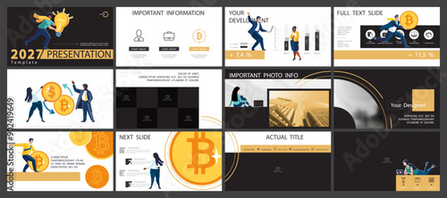 Vector illustration.Set, powerpoint, business presentations, currency circulation, buying bitcoin, saving.Infographic design template, yellow black elements.Team of people creates a business, teamwork