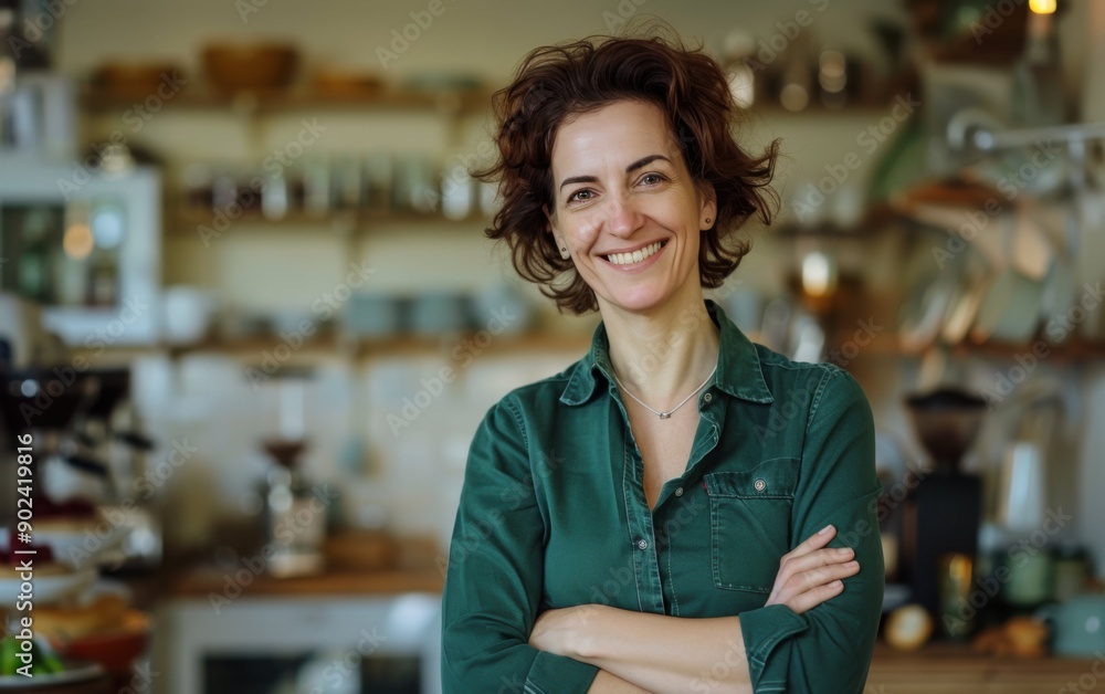 A proud female coffee shop owner stands confidently with crossed arms, smiling warmly in her cozy café decorated with various coffee-making equipment A proud female coffee shop owner stands confidently with crossed arms, smiling warmly in her cozy café decorated with various coffee-making equipment
