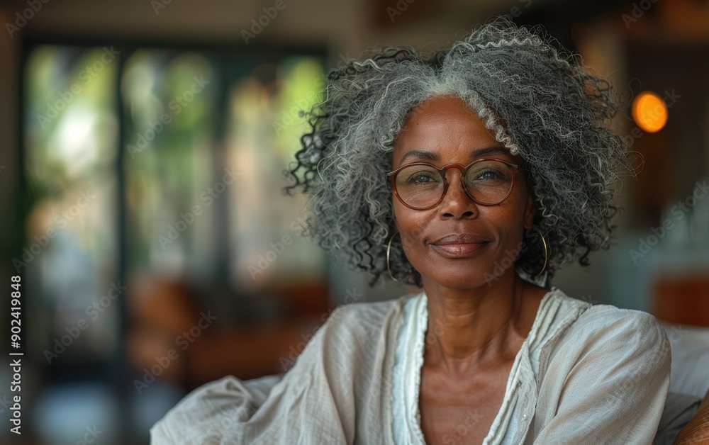 A peaceful middle-aged woman with curly gray hair enjoys a quiet moment, reflecting thoughtfully in a cozy café environment A peaceful middle-aged woman with curly gray hair enjoys a quiet moment, reflecting thoughtfully in a cozy café environment