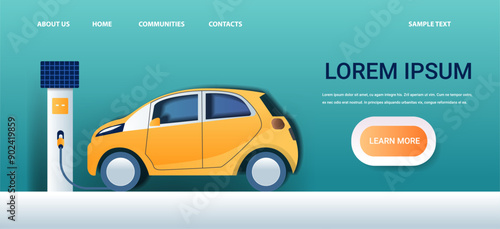 Electric car charging station paper cut style. Yellow car connected to a charging station on a gradient blue background with buttons and navigation. Website banner template paper cut style