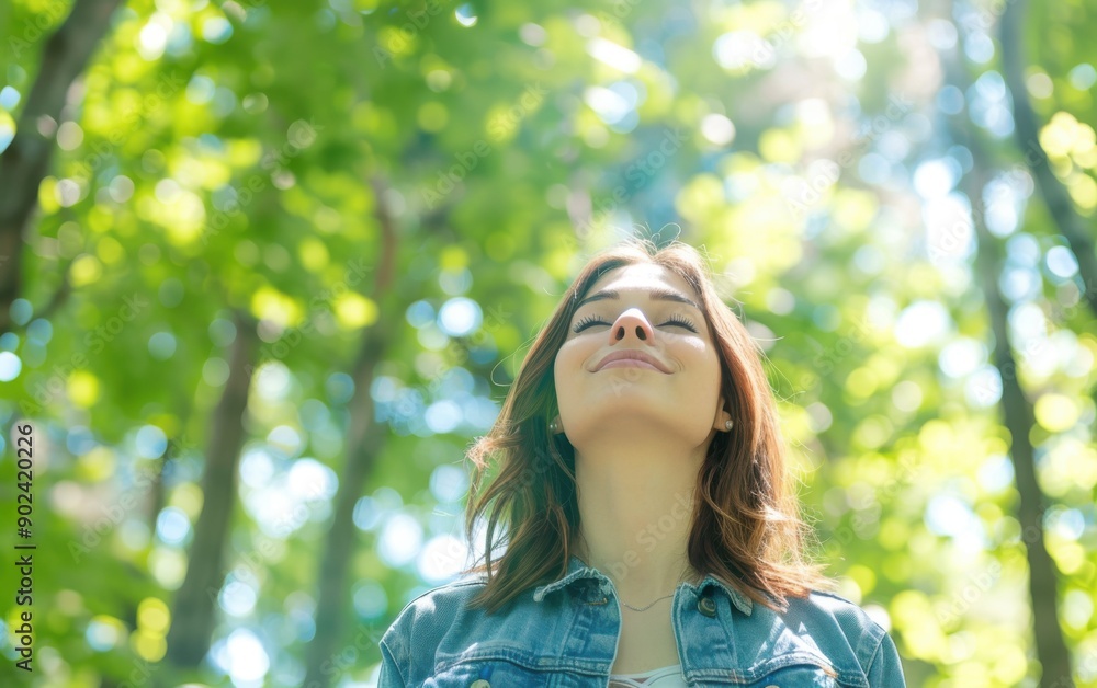 A relaxed young woman breathes in the fresh air while surrounded by vibrant green trees on a sunny day A relaxed young woman breathes in the fresh air while surrounded by vibrant green trees on a sunny day