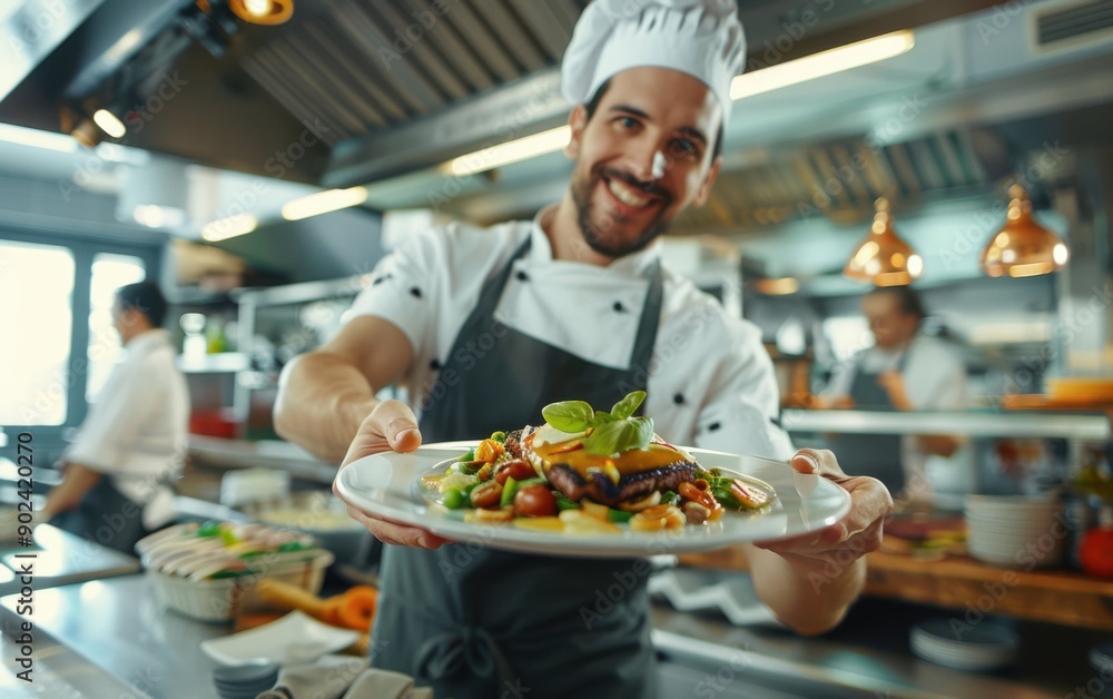 A cheerful chef presents a beautifully plated dish in a bustling restaurant kitchen, showcasing his culinary skills and passion for food preparation A cheerful chef presents a beautifully plated dish in a bustling restaurant kitchen, showcasing his culinary skills and passion for food preparation