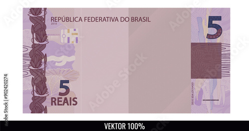 Five Brazilian Dollar Bill - 5 Brazilian Reals - Incomplete Brazilian banknote, without the Figure of the Republic