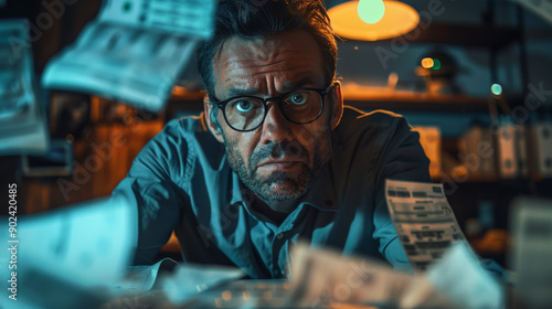 A focused man examines falling money bills, showcasing a tense moment of financial concern in a dimly lit workspace.