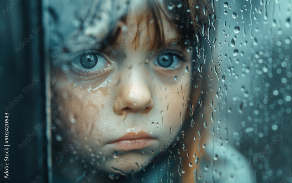 A child with big blue eyes gazes longingly through a rain-soaked window, reflecting feelings of sadness on a dreary day A child with big blue eyes gazes longingly through a rain-soaked window, reflecting feelings of sadness on a dreary day