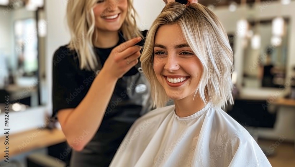 A blonde woman smiling while getting her hair cut at the salon. Generative ai. A blonde woman smiling while getting her hair cut at the salon. Generative ai.