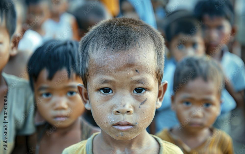 A group of focused multiethnic children stands together, displaying expressions of seriousness and resilience amidst challenging living conditions in a rural area A group of focused multiethnic children stands together, displaying expressions of seriousness and resilience amidst challenging living conditions in a rural area