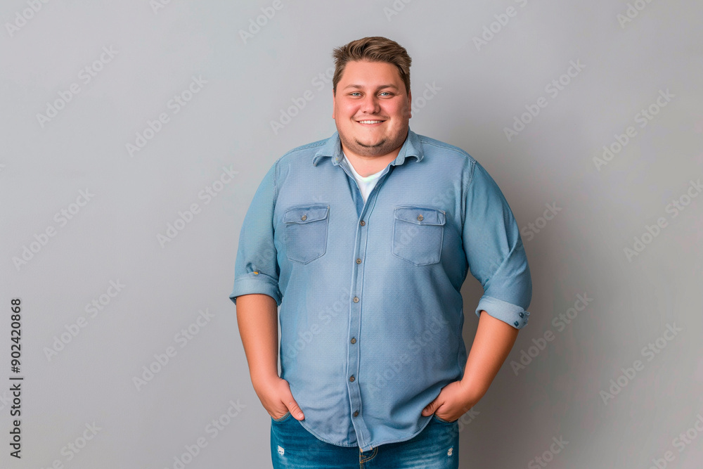 smiling overweight young man in jeans posing with hands in pockets isolated on grey smiling overweight young man in jeans posing with hands in pockets isolated on grey