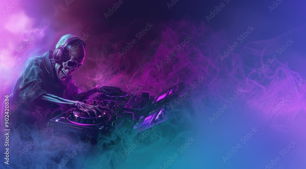 A skeleton DJ with headphones on, aggressively playing music in a smoky purple and blue background. Generative ai. A skeleton DJ with headphones on, aggressively playing music in a smoky purple and blue background. Generative ai.