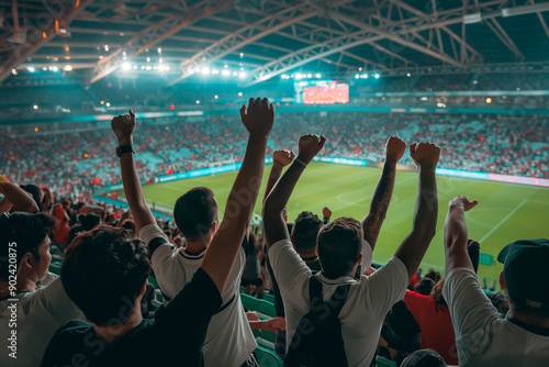 Back view of football, soccer fans cheering their team posotove emotions at crowded stadium at evening time photo