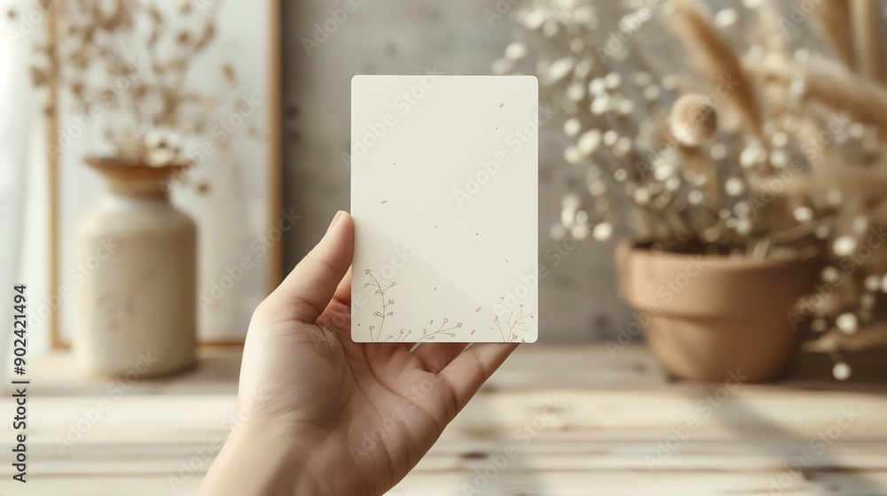 Obraz premium Hand holding blank white card with dried flowers in background