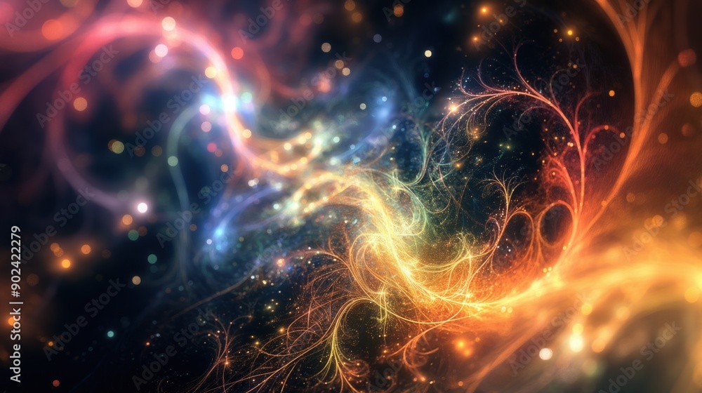 Abstract cosmic background swirling patterns colorful energy waves stars quantum entanglement futuristic ethereal evoking wonder at nature's mysteries Abstract cosmic background swirling patterns colorful energy waves stars quantum entanglement futuristic ethereal evoking wonder at nature's mysteries